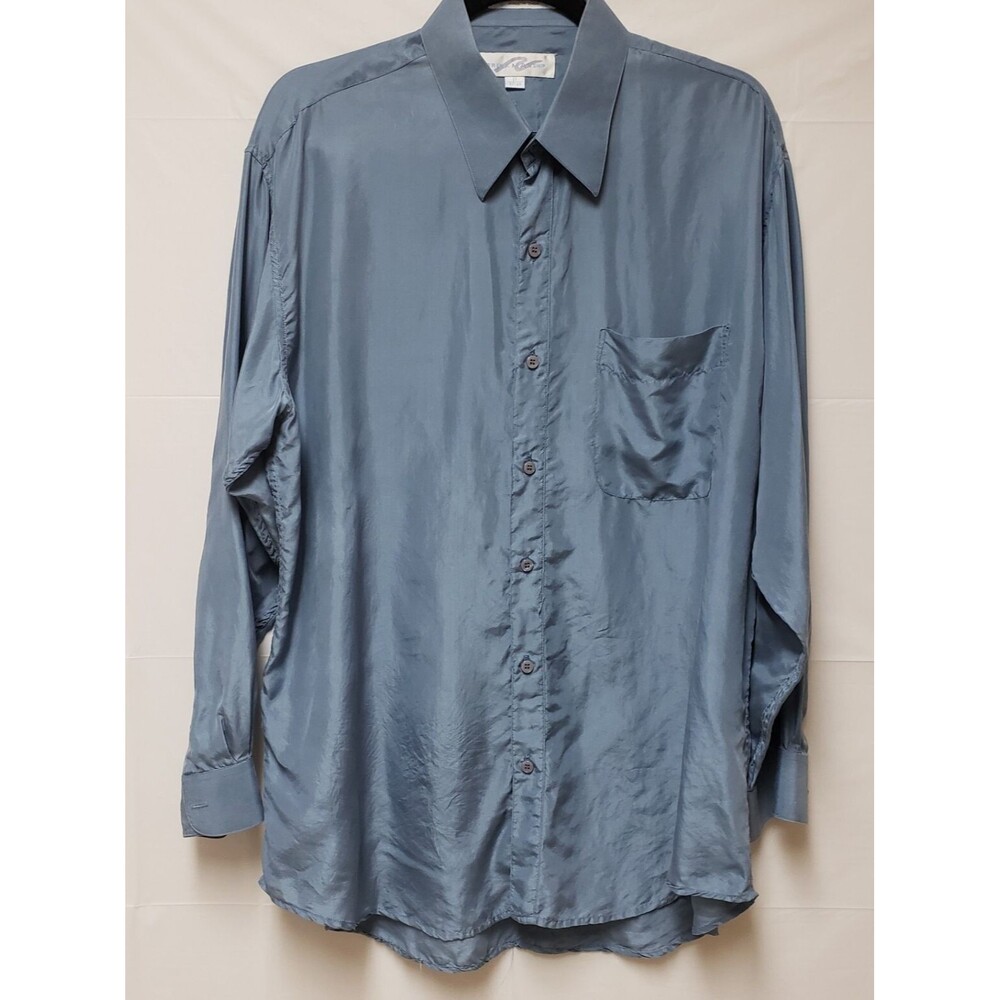 Men's Brinkmanship 100% Blue Silk Long Sleeve Button Down Shirt 17 Pre-own Good